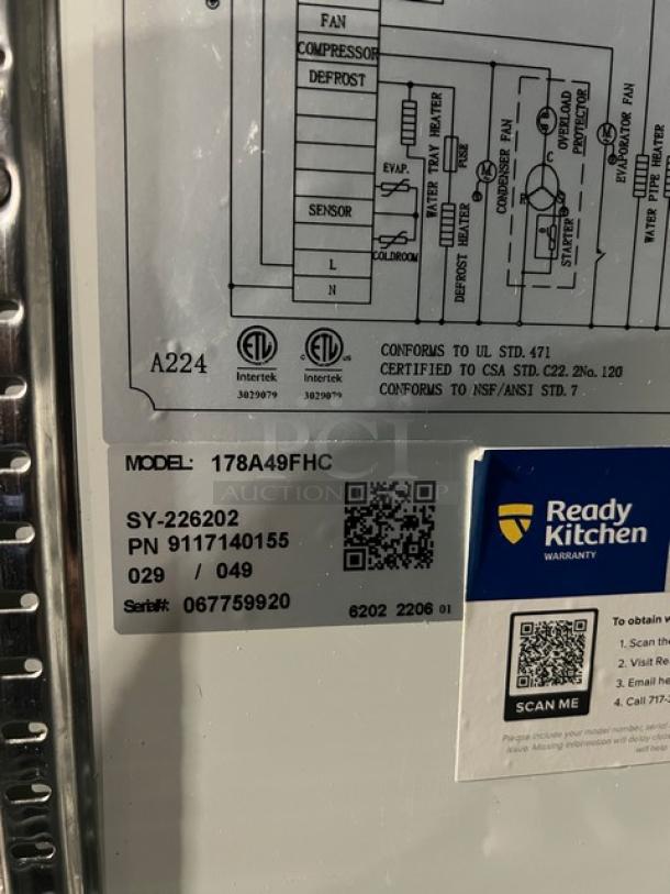 Avantco stainless steel 2-door reach-in freezer, model 178A49FHC, serial 067759920, 115V, 1-phase, on casters.