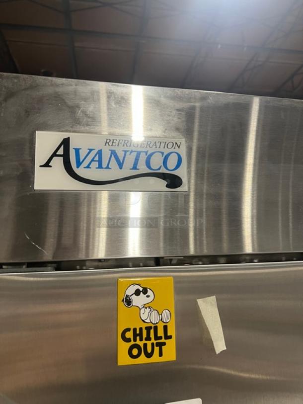 Avantco Stainless Steel 2 Door Reach-In Freezer, Model 178A49FHC, features logo and "Chill Out" sticker.
