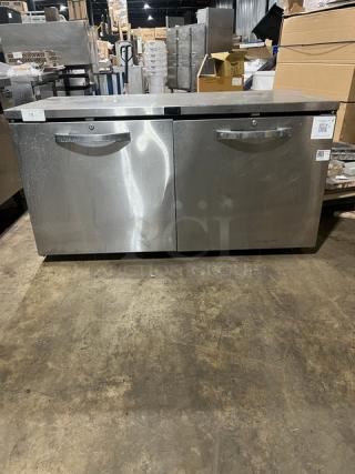 True TUC60 stainless steel refrigerated work top lowboy cooler, 115V, 1 phase, on casters. Model and serial labels visible.