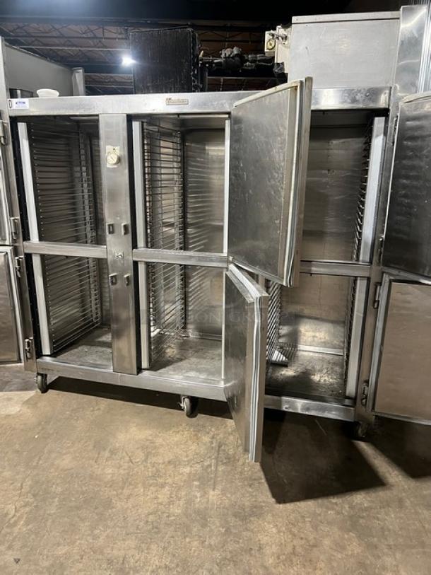 Traulsen 6 split door reach-in cooler with built-in pan racks, on casters, 115V 1 phase, used condition.