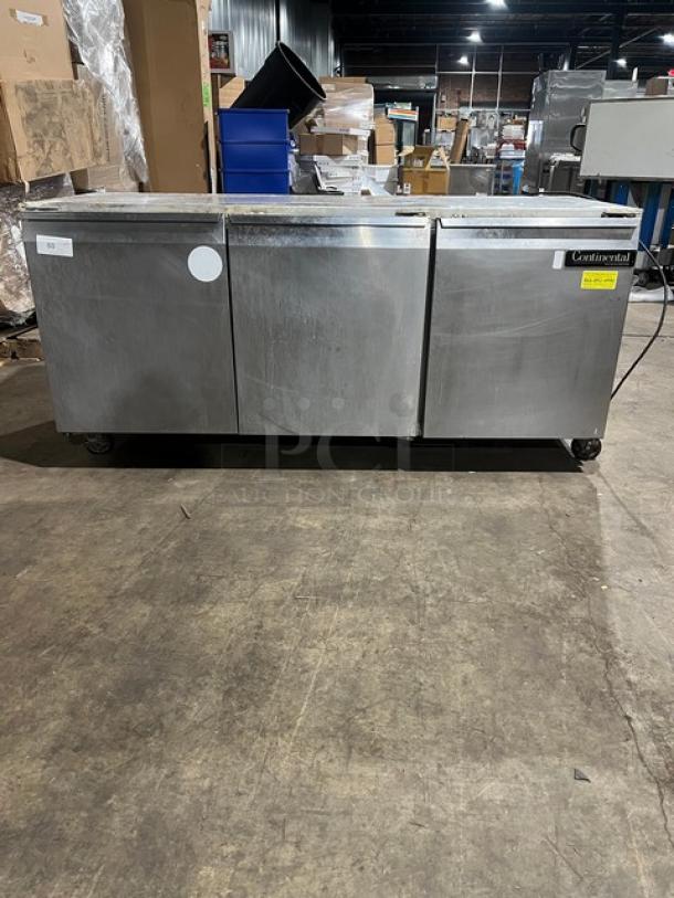 Continental 3 Door Under Counter Lowboy Cooler on casters, includes racks, 115V 1-phase, stainless steel, commercial-use.