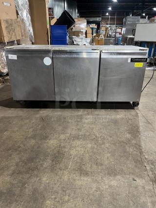 Continental 3 Door Under Counter Lowboy Cooler on casters, includes racks, 115V 1-phase, stainless steel, commercial-use.