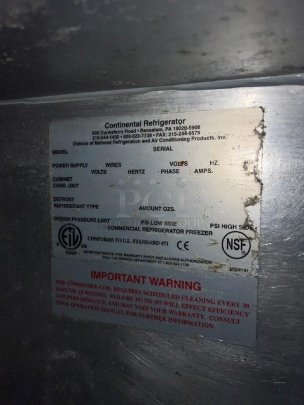 Continental 3 Door Under Counter Lowboy Cooler label, showing model, power supply, and safety information.