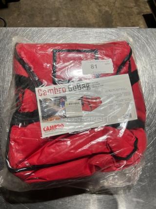 NEW Cambro Pizza To Go Bag in red, packaged in plastic. Features a brand label, tag with quantity "81," and product details.