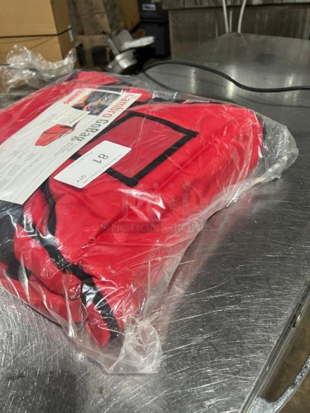 NEW Cambro Pizza To Go Bag, red, in original packaging, insulated, durable material, includes product label with details.