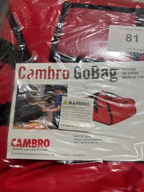 Cambro Pizza To Go Bag, new condition, red and black design, holds 2 pizzas, includes safety warning and Cambro branding.