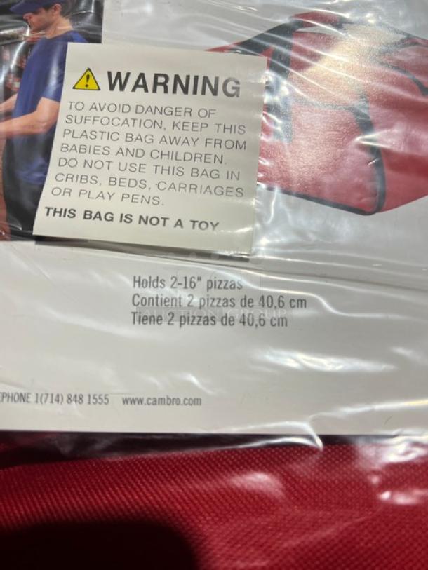 NEW Cambro Pizza To Go Bag, holds two 16-inch pizzas. Plastic packaging with warning label. Suitable for food transport.
