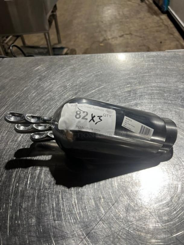 New Winco Aluminum Ice Scoops, Model AS38, set of 3. Features durable design, new condition, each with labeled barcode.