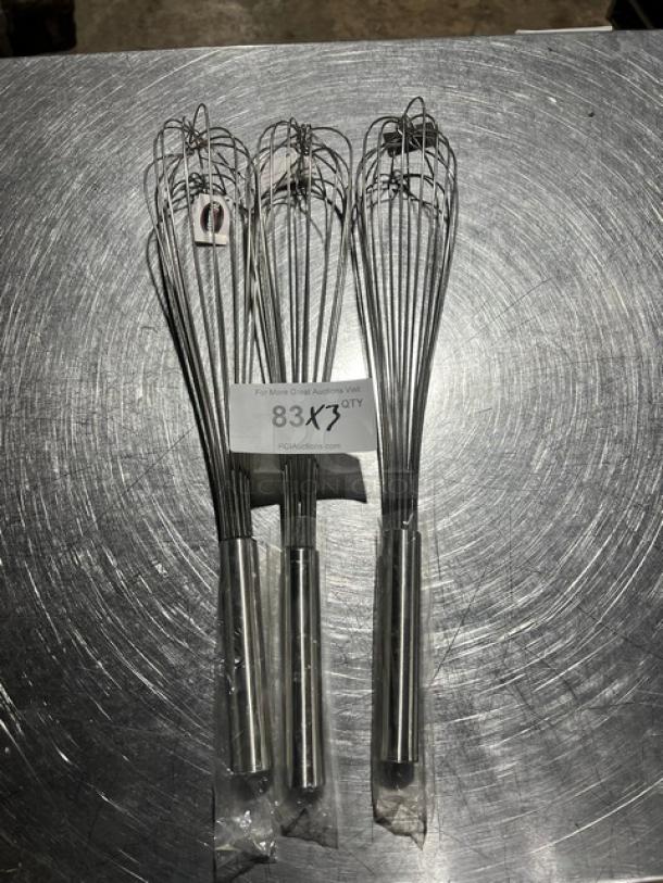 New Winware FN20 hand-held whisks, stainless steel, set of 3, unused, with packaging. Auction quantity tag visible.