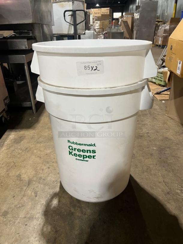 Rubbermaid Greens Keeper container, heavy-duty poly material, new condition, includes label indicating "85 x2" quantity.