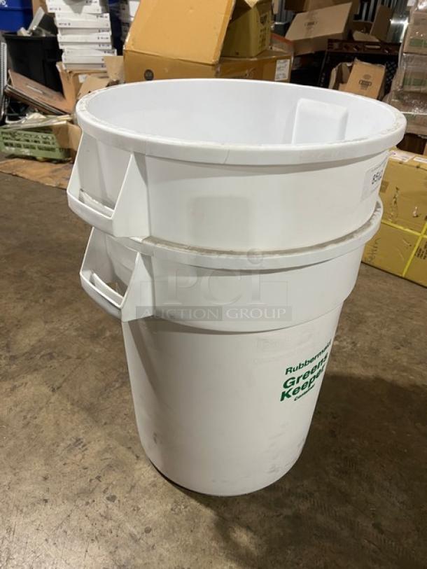 Rubbermaid Poly Heavy Duty Greens Keeper Containers, new condition, stackable, with side handles and branding label.