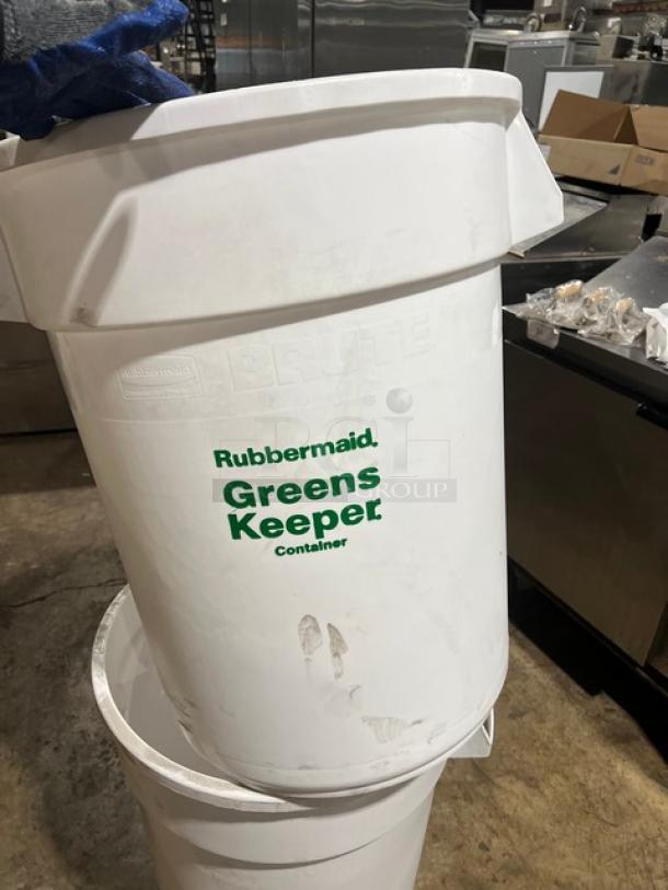 Rubbermaid Greens Keeper container, heavy-duty white poly, new condition, labeled "Rubbermaid Greens Keeper Container."