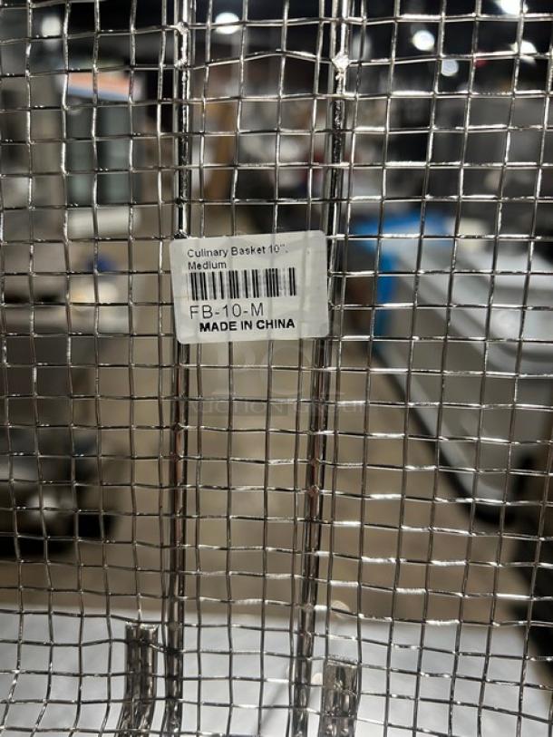 Winco FB10-M culinary basket, brand new, metal mesh design. Label reads "Culinary Basket 10" Medium, Made in China."