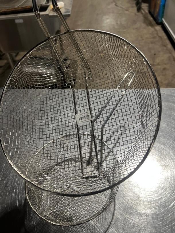 Brand new Winco FB10-M culinary basket, sturdy metal mesh, with handle. Auction for two baskets. Unused condition.