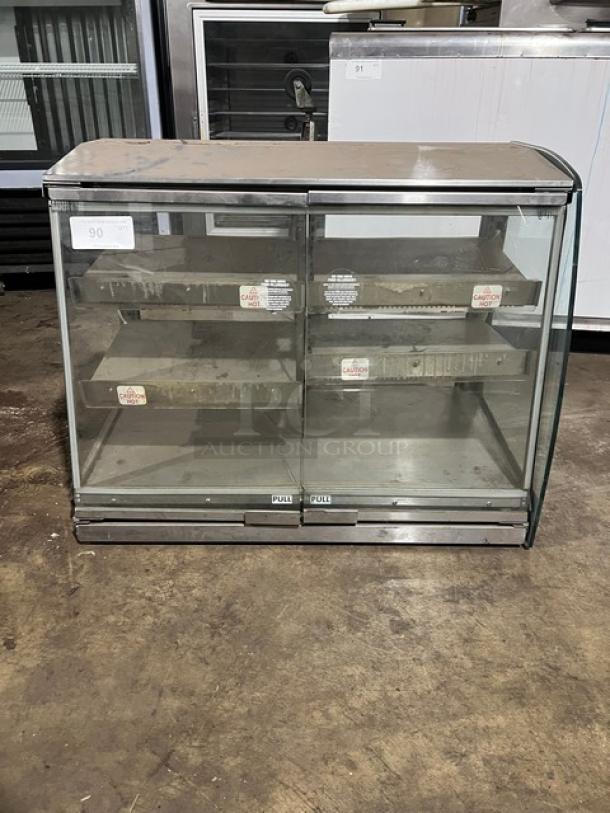 Vendo HFDC00002 electric food warmer, 3-tier, heated, glass display, model HFDC00002, serial 142345H, used condition.