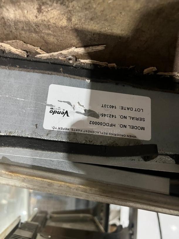 Vendo electric 3-tier heated food warmer, model HFDC00002, serial 142345H, with visible label and used condition.