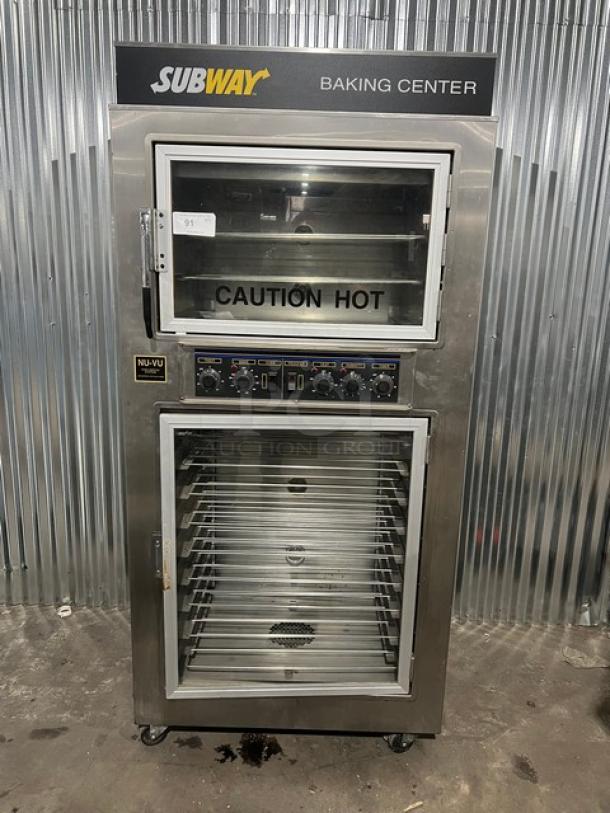 Nuvu SUB123 convection oven with proofer, Subway Edition, 208V 3-phase on casters, "Caution Hot" label, stainless steel.