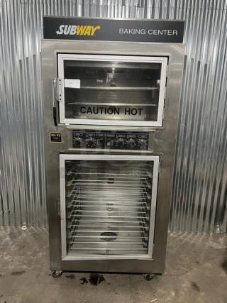 Nuvu SUB123 convection oven with proofer, Subway Edition, 208V 3-phase on casters, "Caution Hot" label, stainless steel.