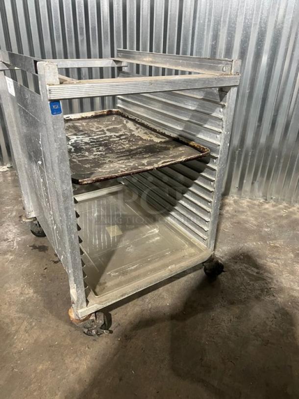 Cres Cor heavy-duty half rack sheet pan rack on casters, metal, used condition. Suitable for kitchen or bakery use.