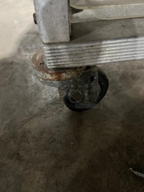 Cres Cor heavy-duty half rack sheet pan rack corner with caster, showing wear and rust, used condition.