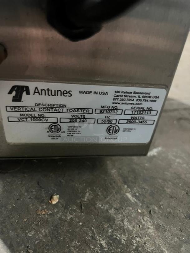 Antunes VCT-1000CV stainless steel vertical contact toaster, dual-sided toasting, model VCT1000CV, SN 17102113, 208-240V.