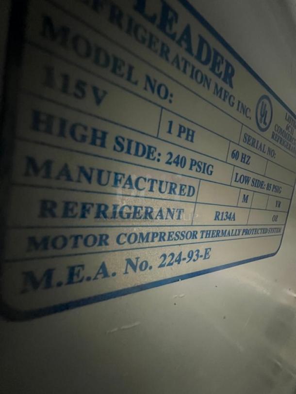 Leader commercial stainless steel refrigerated bakery display case, 3-tier, curved glass, rear glass doors, Model 115V 1 Phase.