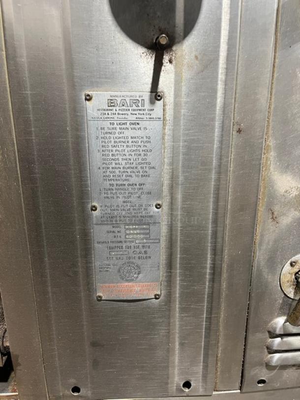 Bari Natural Gas Double Stacked 4 Pie Pizza Oven, Model M6PS. Features manufacturer's instructions and serial 2446 on label.