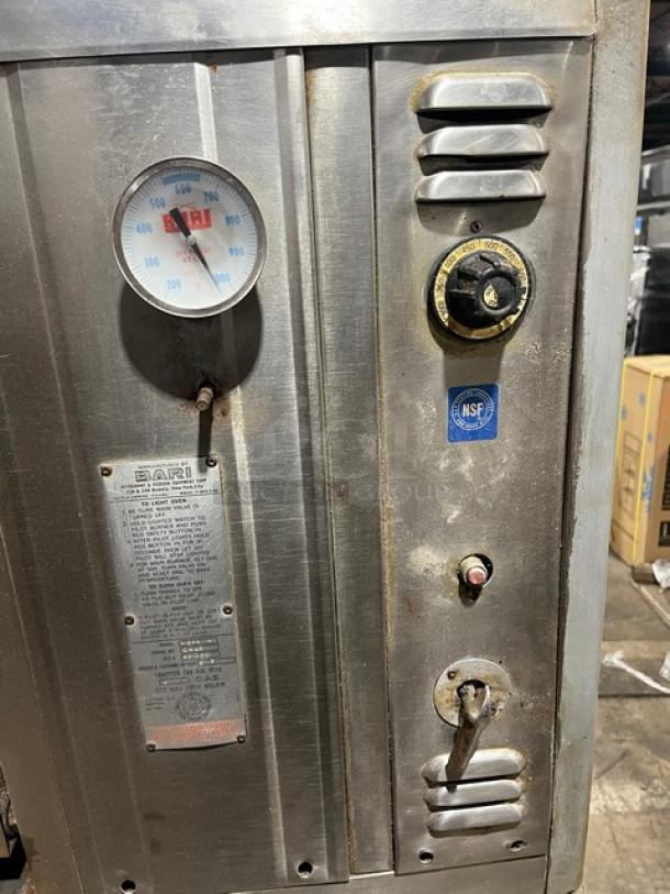 Bari M6PS natural gas double-stacked pizza oven, model M6PS, serial 2446. Features gauge, dials, NSF label, on legs.