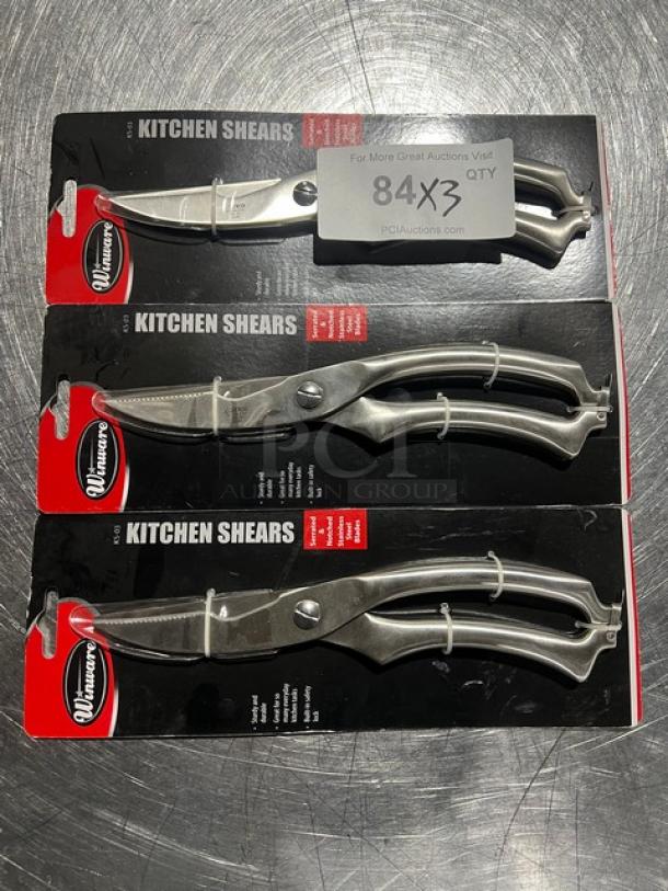 New Winware Kitchen Shears Model KS03, stainless steel, packaged, quantity of three.