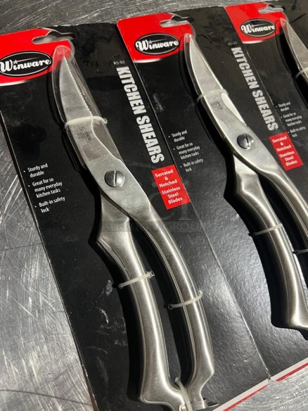 Winware KS03 kitchen shears, new in packaging, serrated stainless blades, safety lock feature, durable design, 3 available.