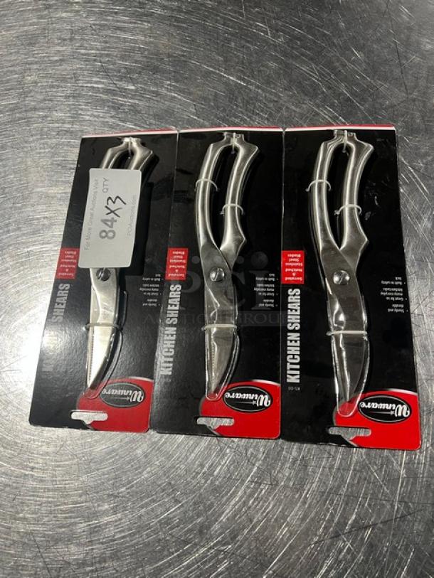 Three new Winware Kitchen Shears KS03 in packaging, stainless steel, ergonomic handle, sharp blades.