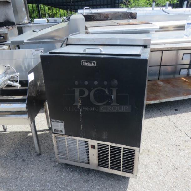 Perlick Froster Model FR24-STK-TR on casters, 24x24x38 inches, 115 Volt, black exterior, used condition.