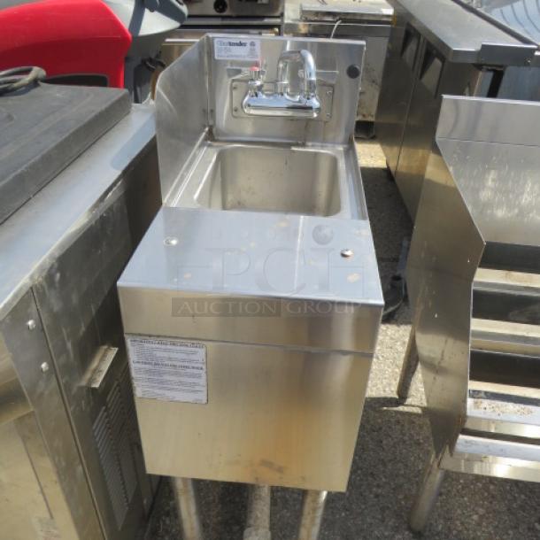 Glastender stainless steel underbar handsink, Model MFS-12, with faucet and left side splash, 12x24x37 inches.