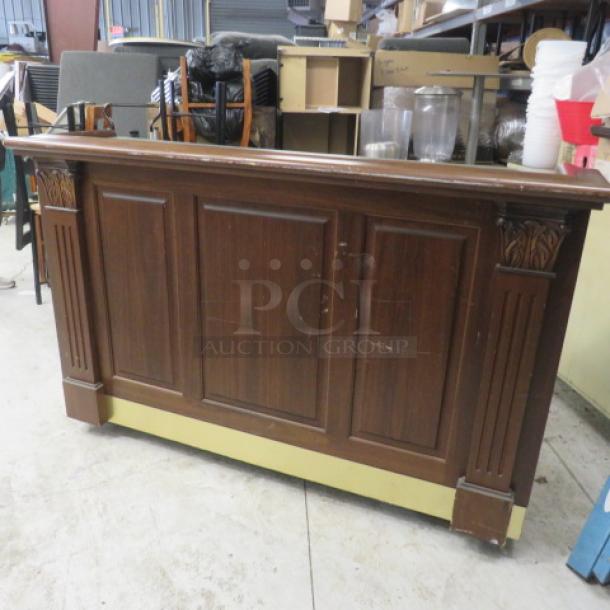 FWE portable bar with mahogany trim, SS under shelf, storage, ice well, bottle rail, model AS-CB-6-MW, on casters.