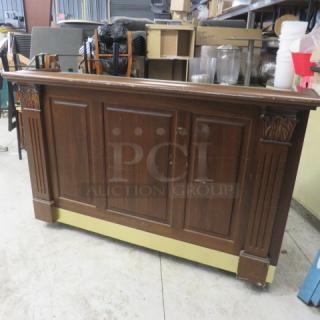 FWE portable bar with mahogany trim, SS under shelf, storage, ice well, bottle rail, model AS-CB-6-MW, on casters.