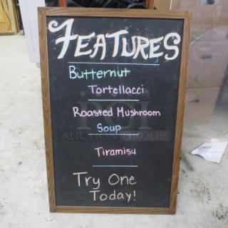 Wooden framed menu sign, 24x36 inches, featuring handwritten daily specials: Butternut Tortellacci, Roasted Mushroom Soup, Tiramisu.