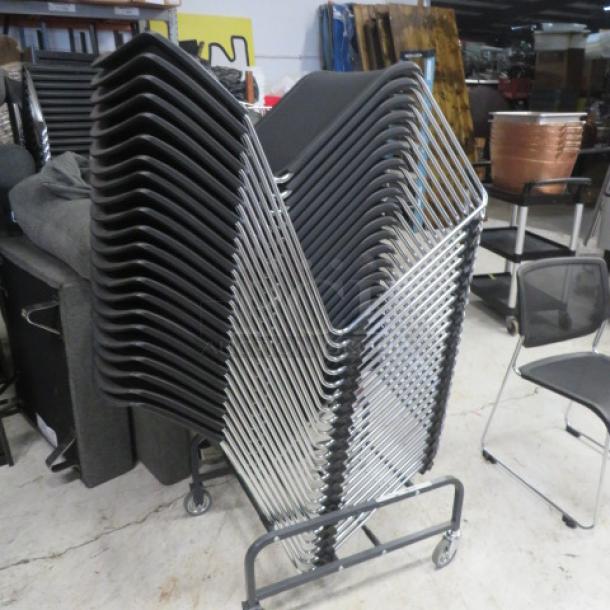 Metal chair cart on casters, no chairs included; sturdy frame, easy mobility, suitable for transporting or storing stackable chairs.