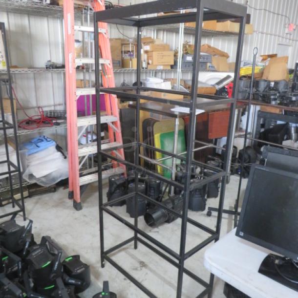 Sturdy metal shelving unit with five shelves, no glass or wood, dimensions 30x14x70 inches, excellent for storage.