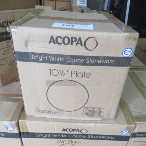 Acopa 10.5 Inch Bright White Plate in original packaging. New condition, 12 per case, labeled "Bright White Coupe Stoneware."