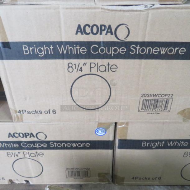 Acopa Bright White Coupe Stoneware Plates, 8-1/4", new in box, 4 packs of 6, model 303BWCOP22.