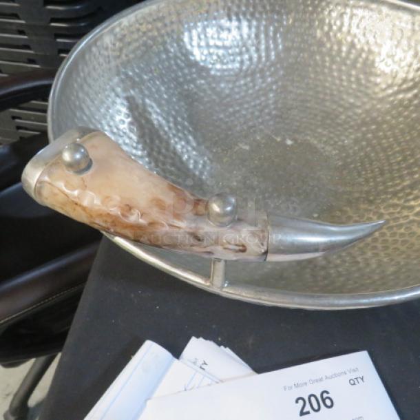 UNIQUE Hammered Round Serve Bowl with antler handles, 20.5-inch diameter, textured metal finish, excellent condition.