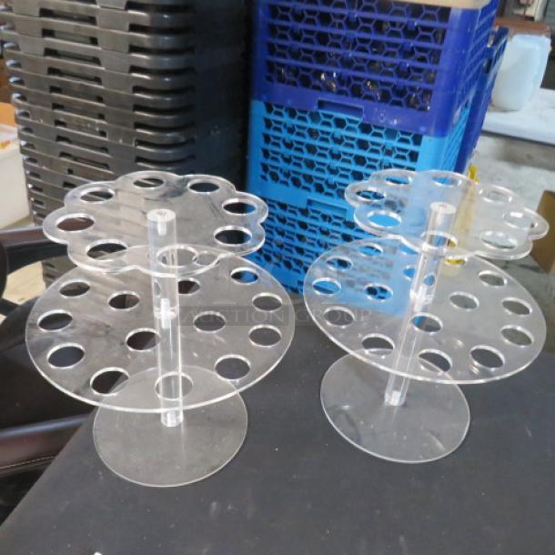 2 Tier Acrylic Holder; clear, dual-tiered design, excellent condition, multiple circular slots for organization.