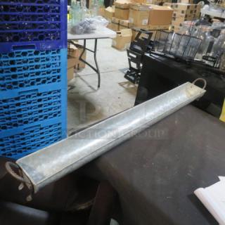 Galvanized trough server, 36x4x3 inches, with rope handles. Used condition, ideal for serving or decor.