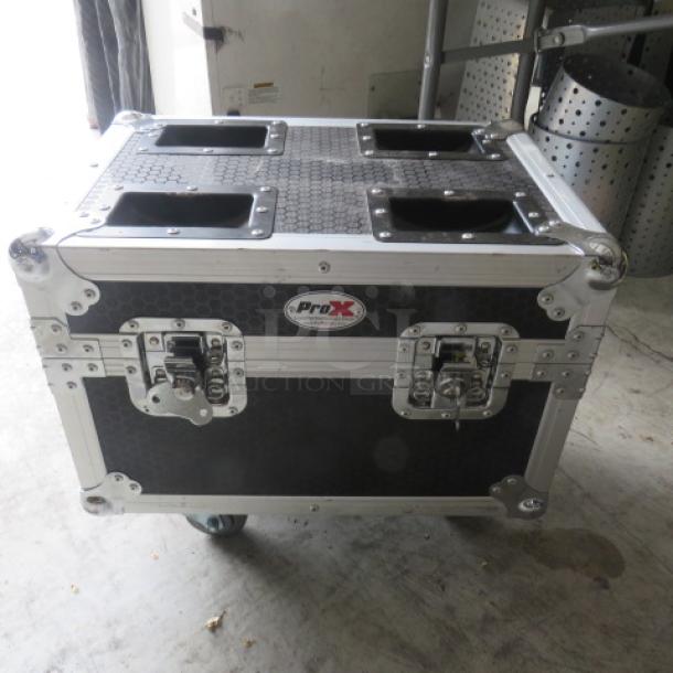 PRO-X BLITZZ FX Dual Cold Spark Machine in flight case with aluminum covers on casters, ideal for events, non-pyrotechnic.