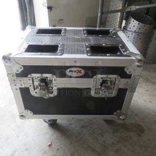 PRO-X BLITZZ FX Dual Cold Spark Machine with aluminum covers in a flight case on casters, features visible Pro-X logo.