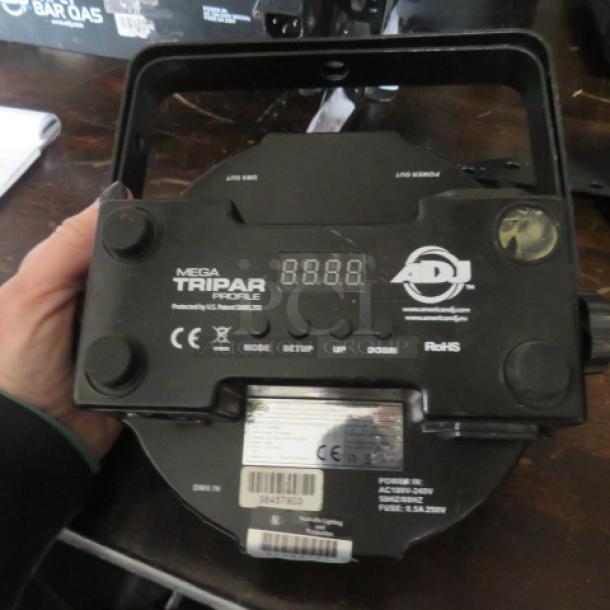 ADJ Mega Tripar Profile LED stage light, visible controls, and branding. Model details: power input AC100-240V, CE RoHS compliant.