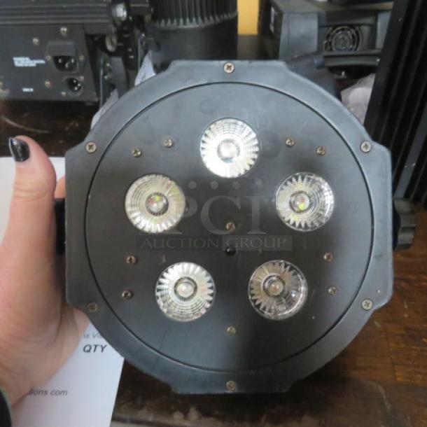 ADJ Mega Hexpar Profile LED stage light, features five LEDs, in good condition. Model label visible on the rear panel.