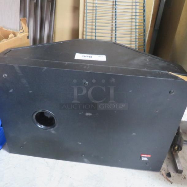 One JBL Control SB-2 subwoofer, dual coil, stereo inputs, black finish, visible JBL logo, slight cosmetic wear.