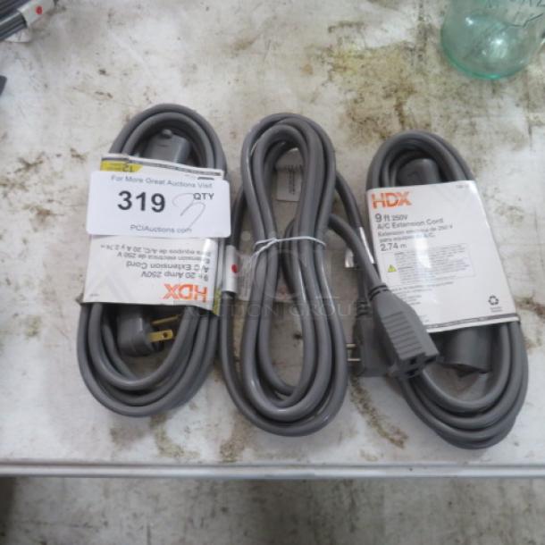 NEW HDX 9 ft. 20 AMP, 250 Volt extension cords. Gray, three-pack, labeled 319QTY from PCIAuctions.