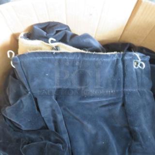 One lot of 5 heavy-duty black velvet stage curtains, flame retardant, 6ft x 11.9ft, in a box with reinforced grommets.